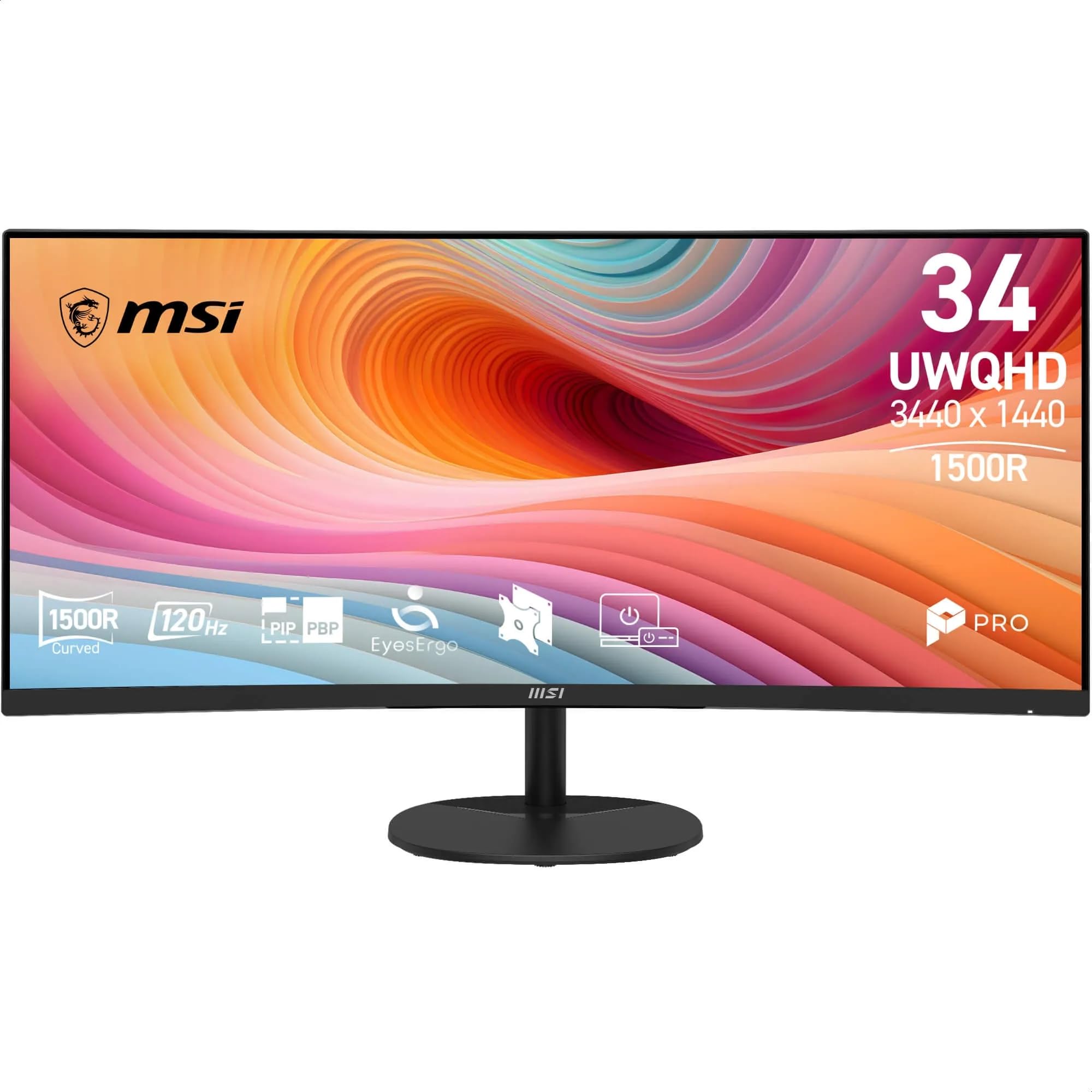 msi PRO MP341CQ E12 – Monitor 34” UWQHD (3440x1440, 1500R) VA, 120Hz, 1ms, HDR Ready, Adaptive-Sync, Eye Care, Altoparlanti Integrati, HDMI 2.0b, DP 1.4a, Senza Cornice, Inclinabile, Compatibile VESA