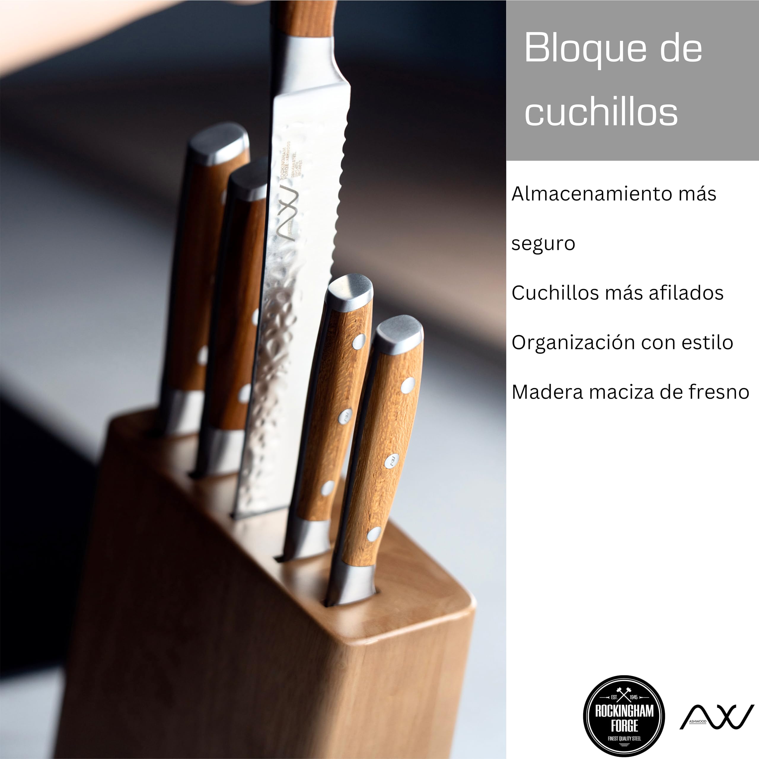 Rockingham Forge Ashwood Juego de 8 Cuchillos de Cocina de Madera con Afilador y Tijeras - Hojas Profesionales de Acero Inoxidable Alemán Ultraafiladas y Mango Duradera con Espiga Completa