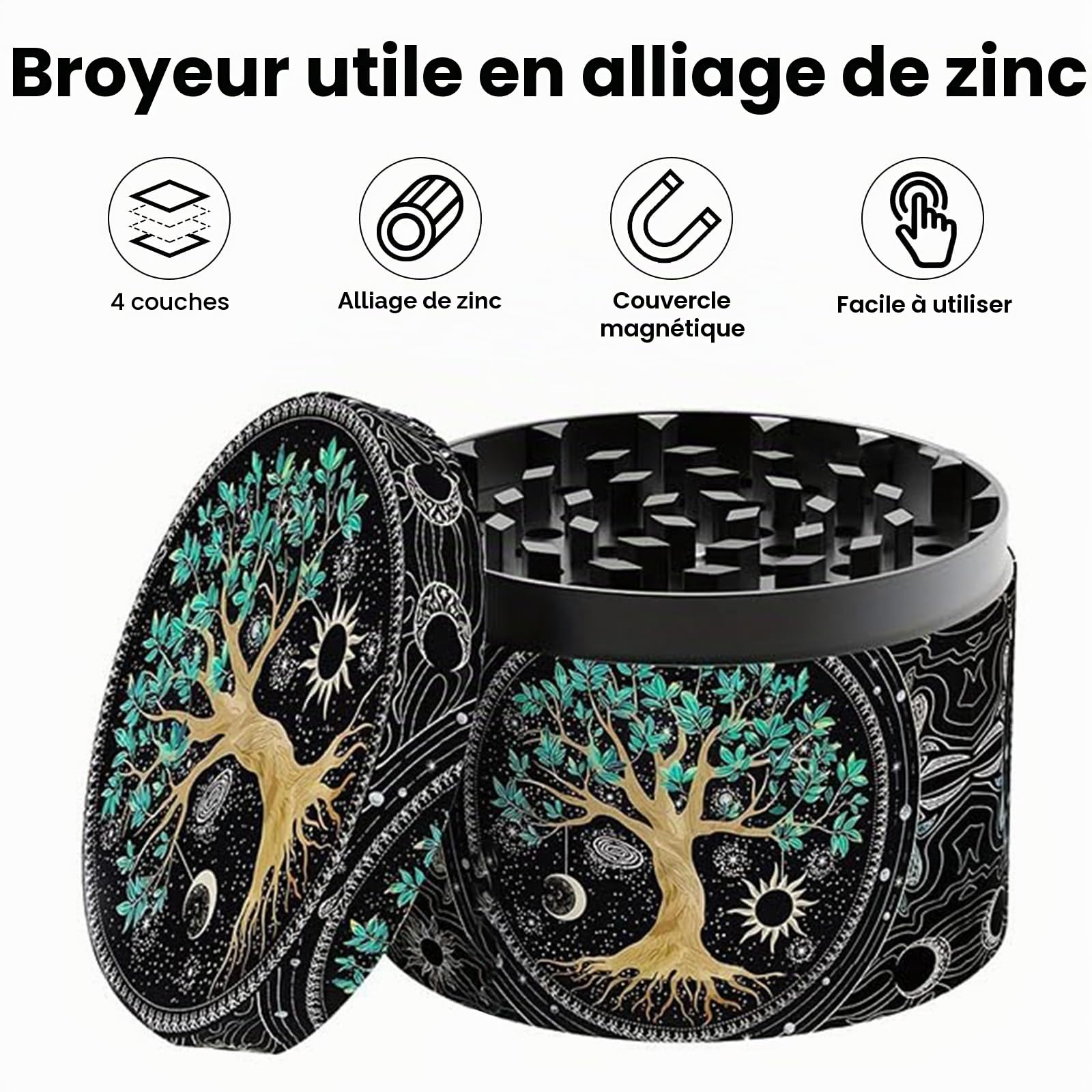 Grinder Effriteuse, Grinder metal pour moulin a sel epices poivre, Grand broyeur 63 MM avec grattoir et brosse en plastique (Motif d'arbre)