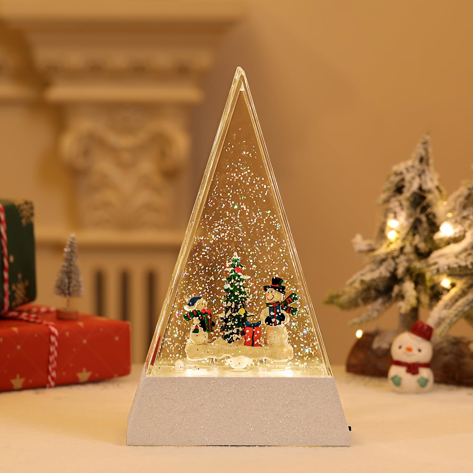 Lewondr Christmas Snow Globe, Triangle Shape LED Light Snowman Decor with 8 Christmas-themed Songs, 6 Hours Timer Function Snow Globe Powered by USB & Battery for Dining Table, Fireplace, Living Room