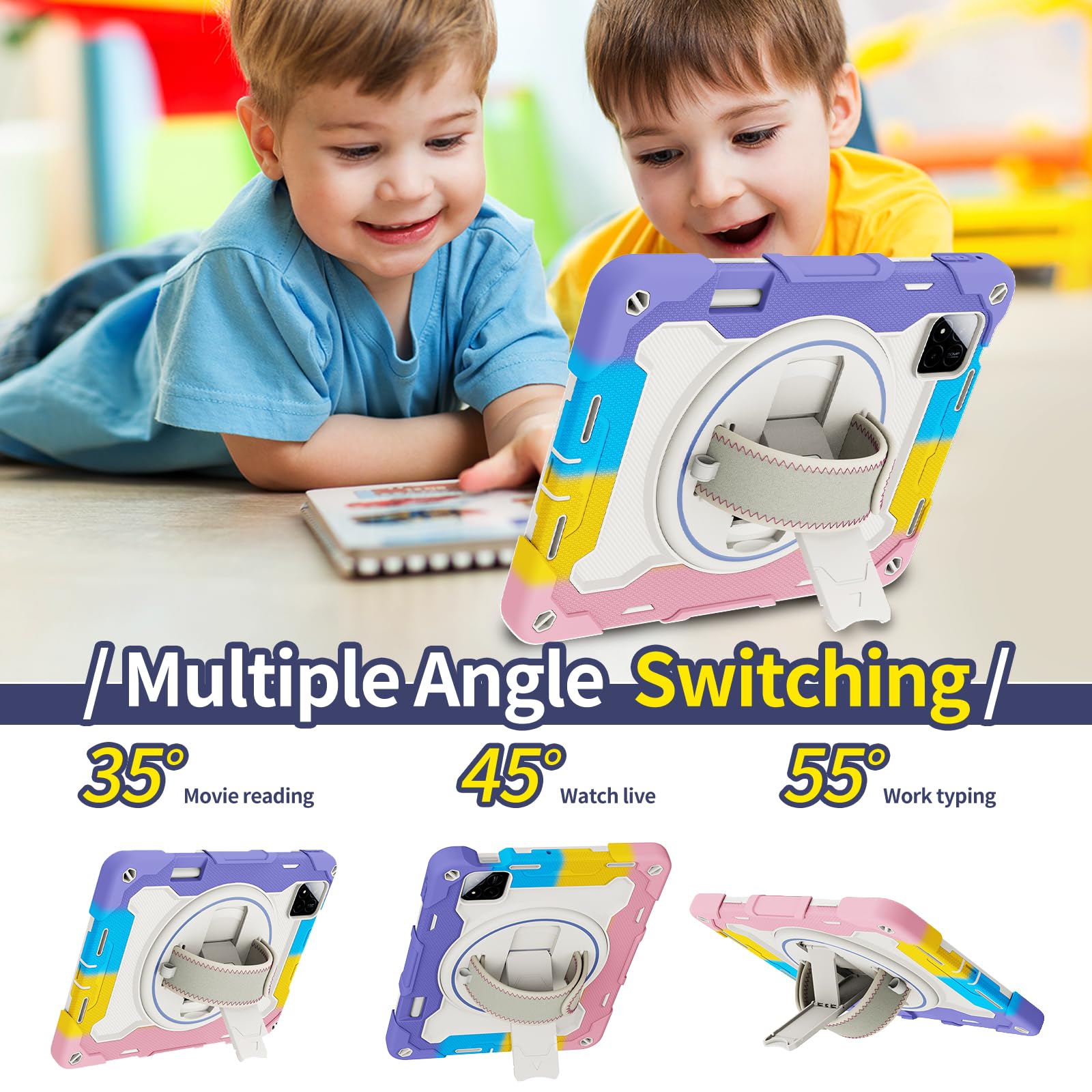 Custodia per tablet Xiaomi Pad 7/7 Pro da 11,2 pollici, custodia antiurto per bambini in silicone resistente con portapenne, tracolla, supporto pieghevole girevole, cinturino da polso