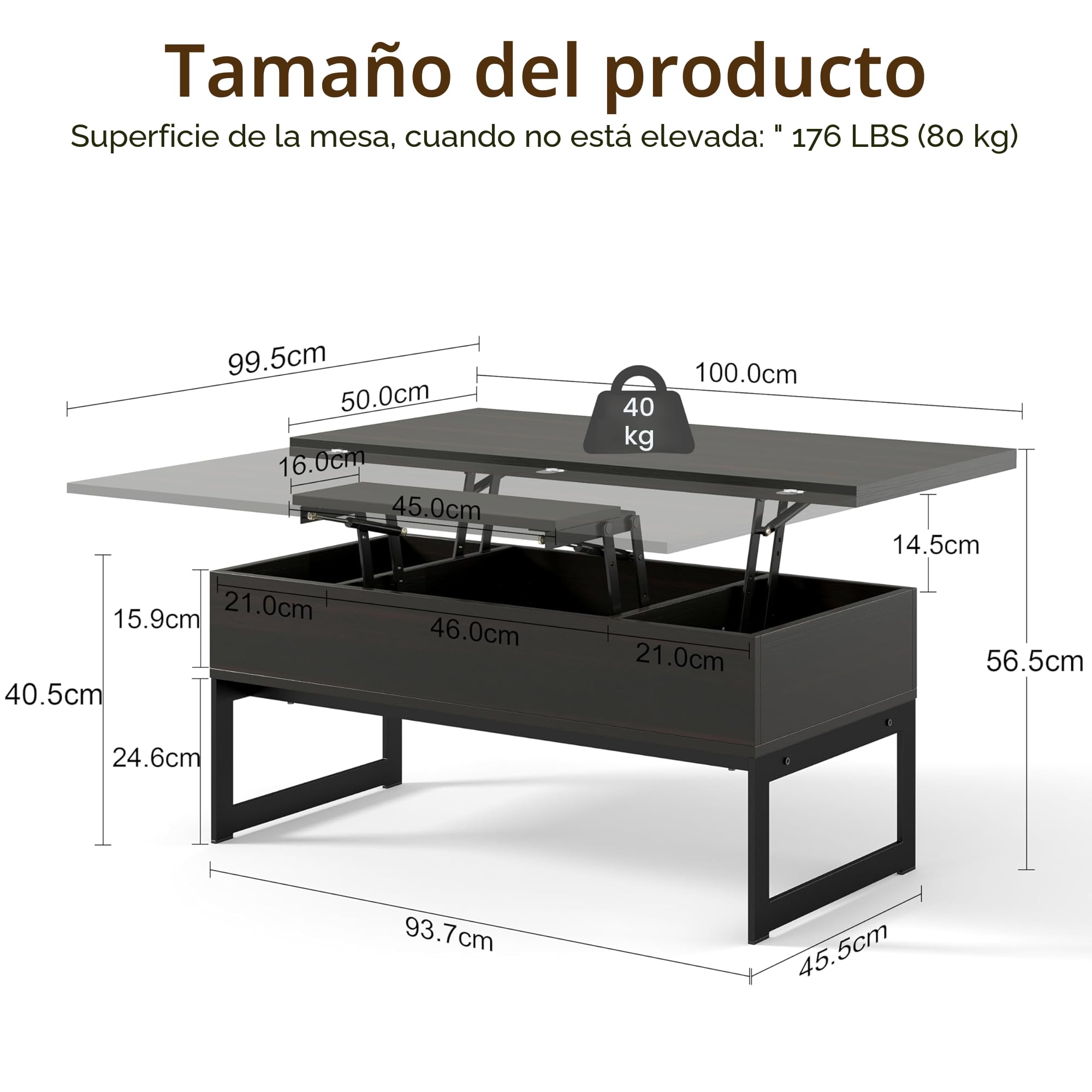 Manora Mesa de Centro Elevable y Extensible, Mesa de Salón o Comedor elevable con Almacenamiento Oculto, Medidas: 94cm x 46cm x 41cm, Negro y Marrón