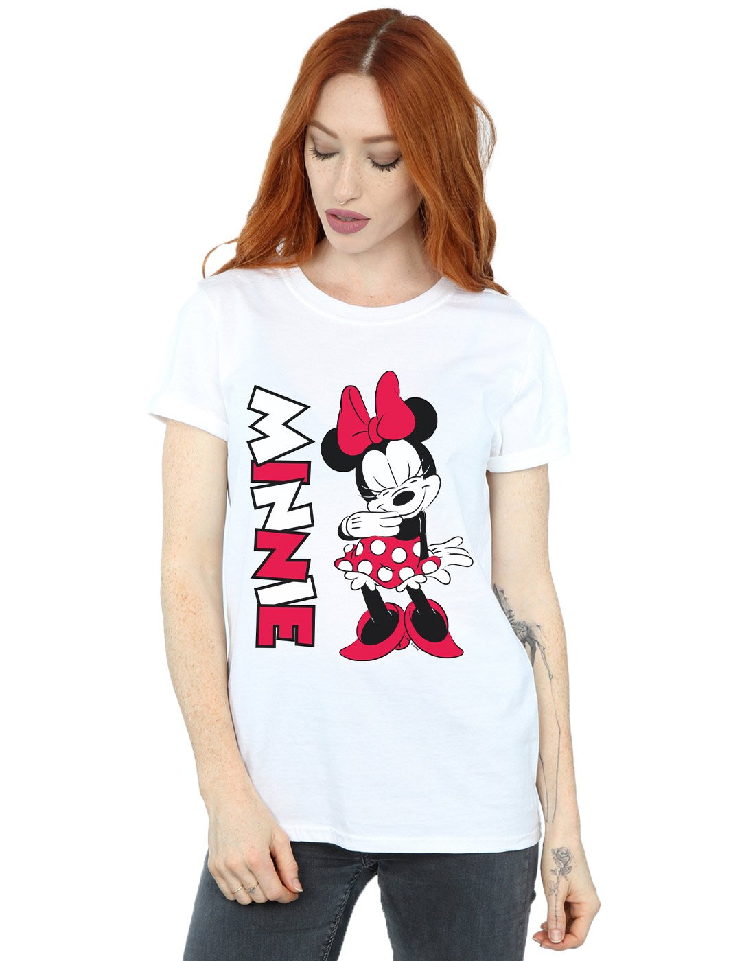 Disney Women's White Minnie Mouse Giggling Cotton Boyfriend T-Shirt Xxxl