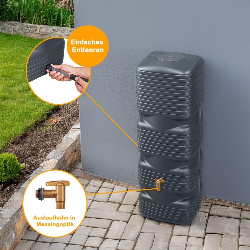 Quadro Wandtank 170 L Graphite Grey Komplett-Set, Regentonne schmal mit Auslaufhahn & Fallrohrfilter, Regenwasserbehälter Hauswand, Regenfass