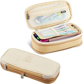 Large Capacity Pencil Case Pouch with Zipper, Portable Aesthetic Cute Big Capacity Pencil Cases Pen Office Travel Stationery Makeup Bag, Desk Organizer for College Adults Women Men-Khaki