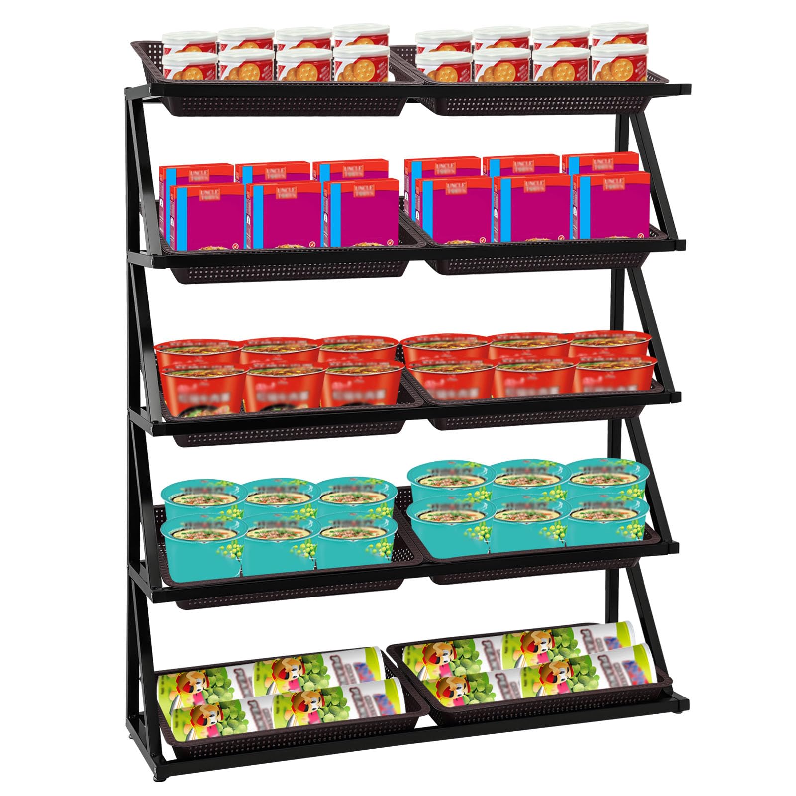 BANLICALI Retail Display Racks, 5 Tier 10 Slots Market Shelf with Plastic Baskets, 220LBS Load Capacity Fruit Vegetable Snack Basket Set Shelf for Vendor Farmer's Markets Black, Coffee Easy to Clear