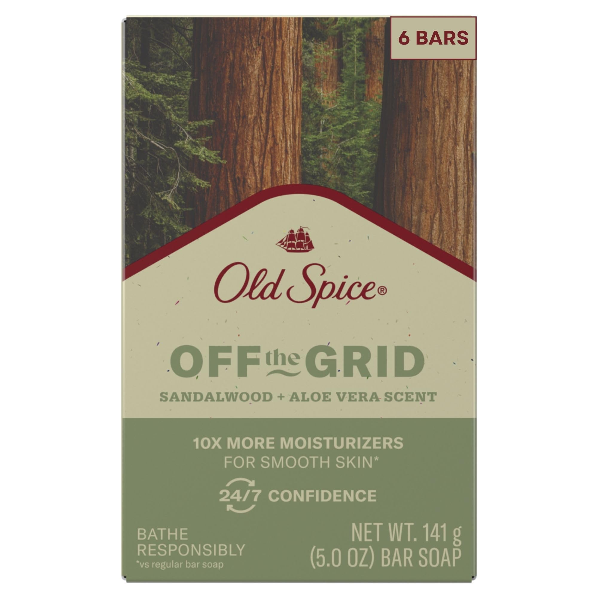 Old Spice Bar Soap for Men, Off the Grid Sandalwood + Aloe Vera Scent, 10x More Moisturizers for Smooth Skin with Mild Exfoliators & Plant Based Cleansers, 5.0 oz (Pack of 6)