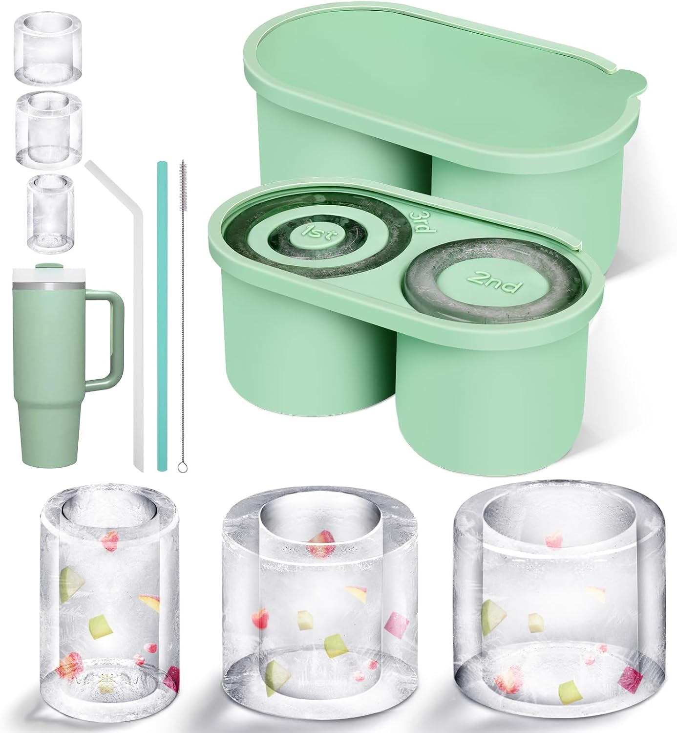 Stanley Ice Mold for Tumbler Cup 40 oz, Ice Cube Tray for Stanley Cup, 2 Pack Silicone Stanley Ice Tray With Lid for Chilling Cocktails, Whiskey, Drinks, Coffee, Easy Fill and Release Ice Maker