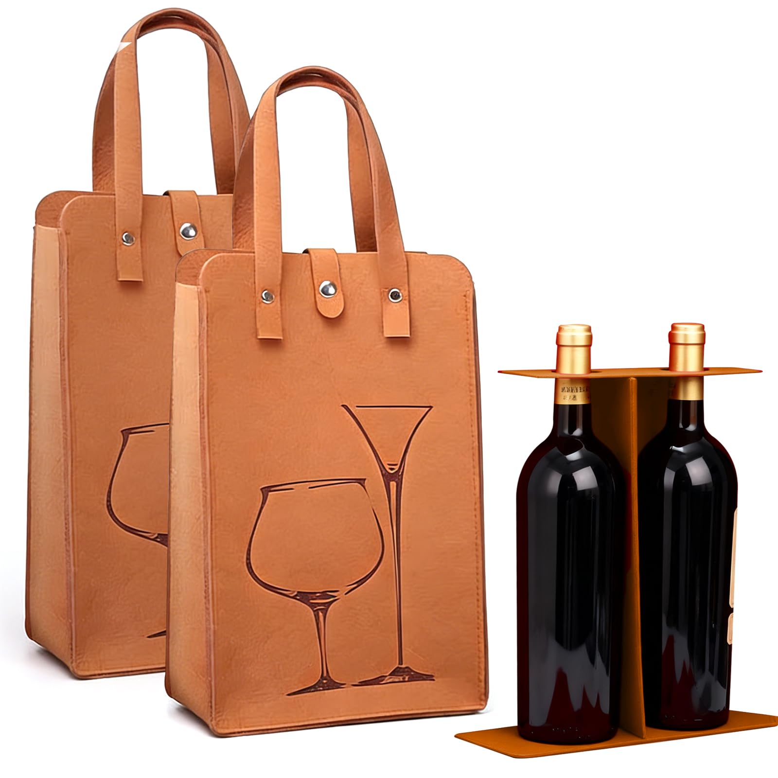 2PCS Double Wine Bag, Reusable Wine Gift Bag for 2 Bottles - 750ml, Thick Felt Wine Tote Bag with Handles, Anti-Collision Bottle Carrier for Wedding Picnic Travel Family Holiday Parties (Khaki)