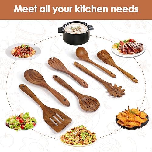 Miniatura 4 de comfoyar Juego de utensilios de cocina de madera, 7 cucharas de madera de teca natural para cocinar con espátula y cucharón, utensilios de cocina