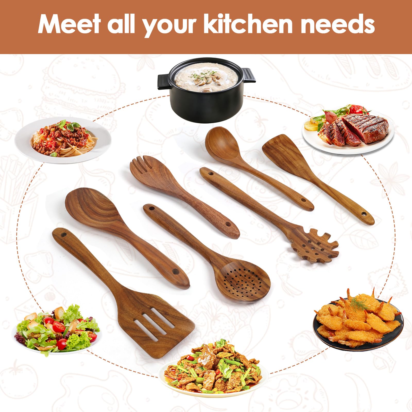 comfoyar Teak Utensili da Cucina Set, 7 Pezzi Cucchiai di Legno per Cucinare Set con Spatola e Ladle, Resistente al Calore Mestoli in Legno per Pan Antiaderente