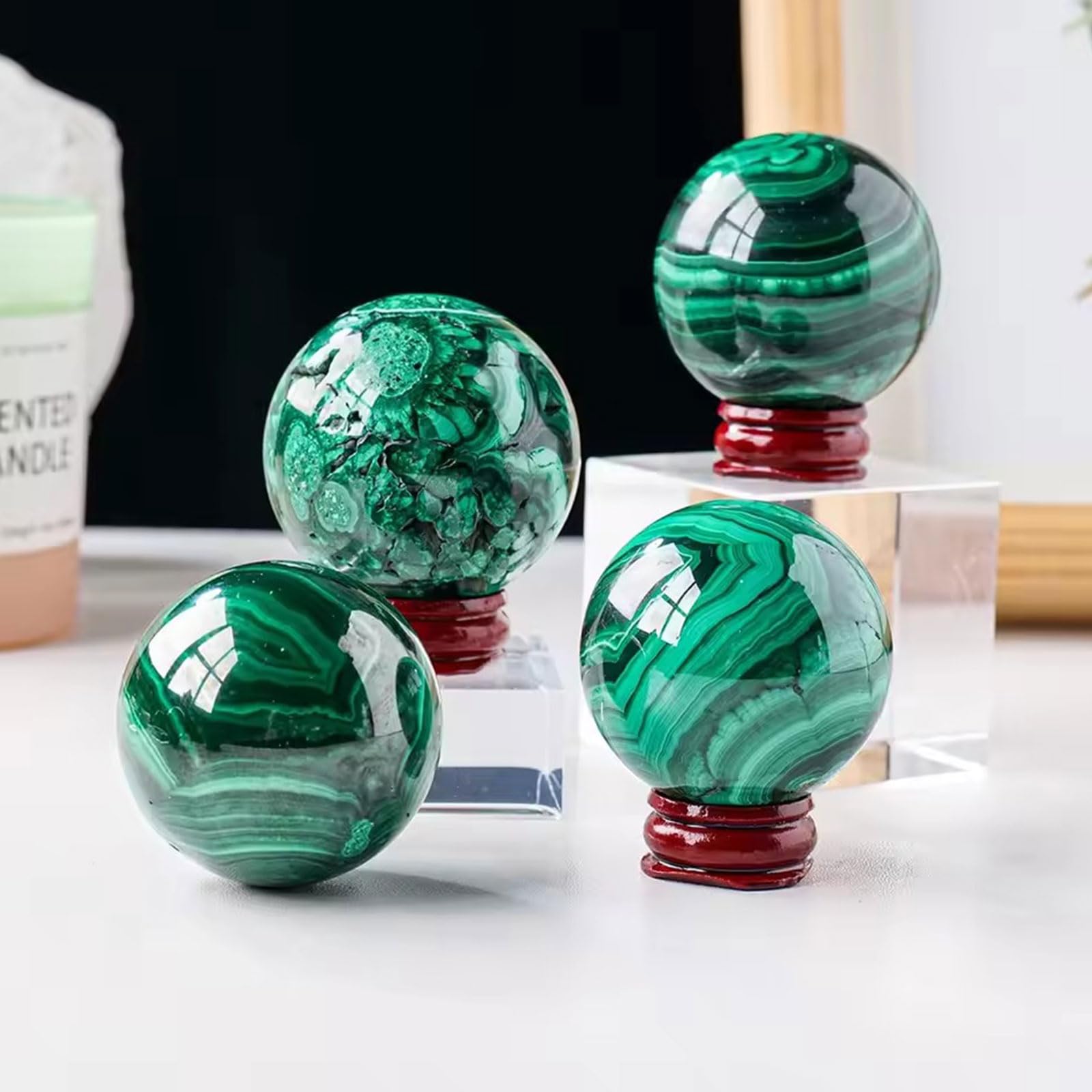 Sfera di Cristallo con Sfera di Malachite Verde, Statuetta con Scultura a Sfera in Pietra preziosa curativa Naturale con Supporto per Decorazioni per la casa,40~45mm
