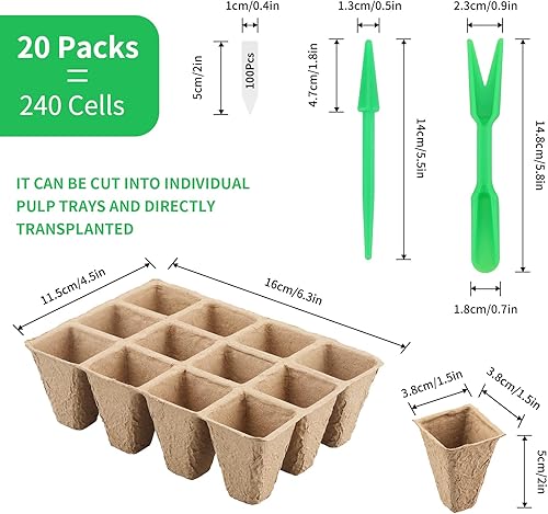 Miniatura 2 de Paquete de 20 macetas de turba de 240 celdas, bandejas de inicio de semillas, bandejas cuadradas de germinación con etiquetas de plantas para