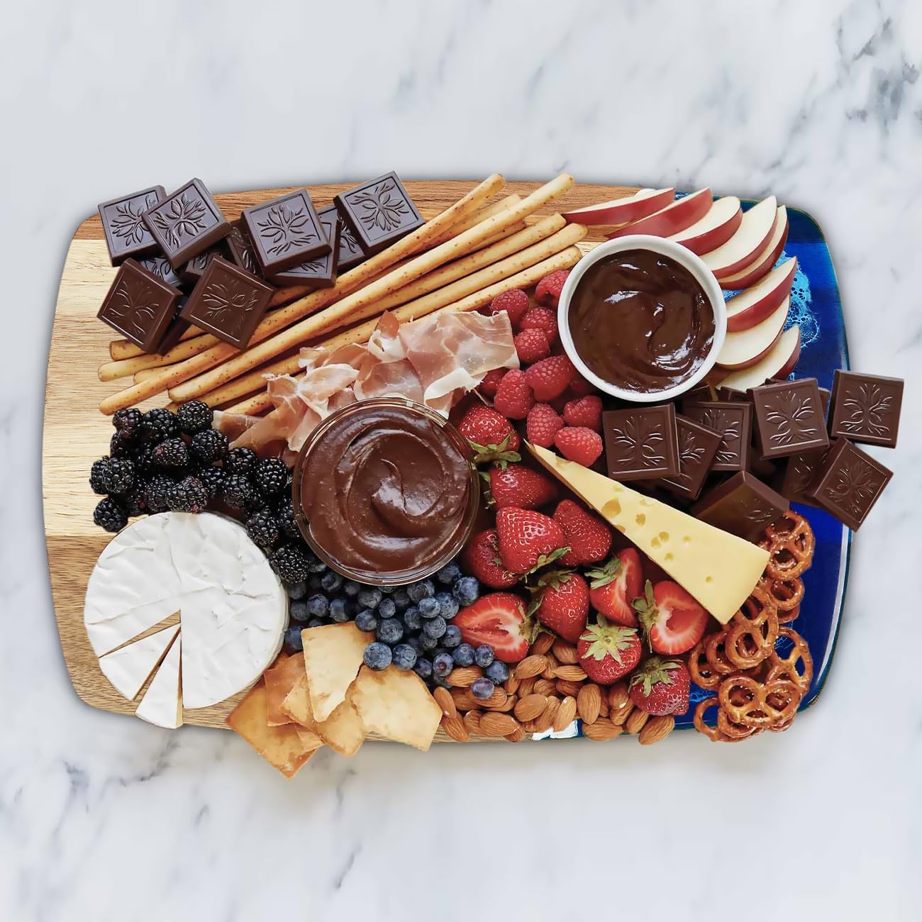 Acacia Wood Cutting Board with Resin Wave Design, Versatile Kitchen Chopping Board for Meat, Vegetables, Fruits, Cheese & Charcuterie, Blue Ocean Vibes Elegant Serving Tray, 14x9.8 Inches