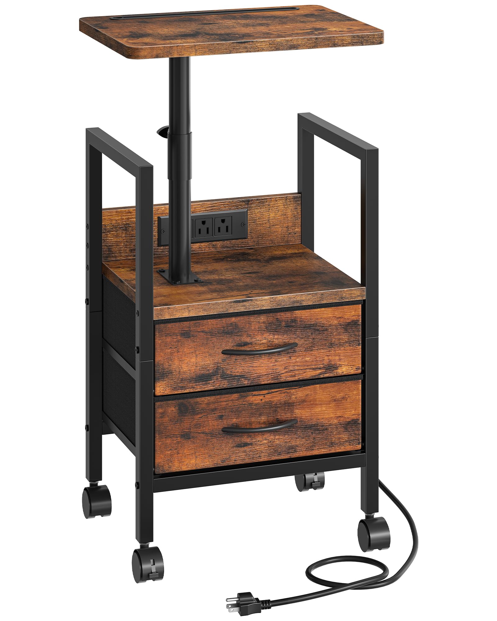 Mesa auxiliar de altura ajustable con mesa giratoria, mesa auxiliar con estación de carga, mesita de noche con cajones y ruedas de tela, mesita de noche para sala de estar, dormitorio, marrón rústico