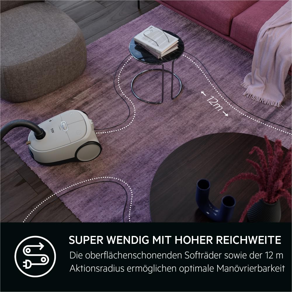 AEG AB61H6SW Staubsauger mit Beutel/hohe Saugleistung auf Allen Böden/inkl. Zusatzdüsen / 50% Recyclingkunststoff/ideal für Asthmatiker, Allergiker, Haustierbesitzer / 12 m Kabel / 850 W/weiß