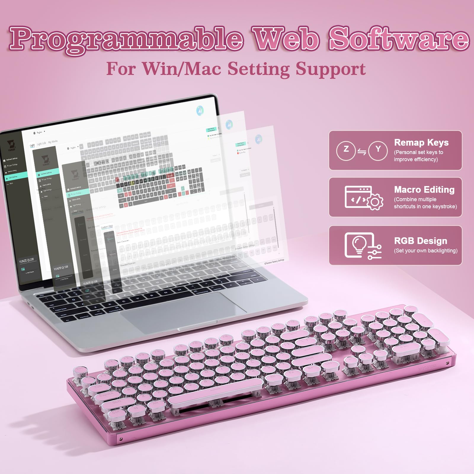 YUNZII QL108 Teclado Mecánico Retro con Cable para Gamer (Rosa, Onyx Gray) | 100 % Hot-Swap, Retroiluminación RGB, Panel Metálico de Estilo, US ANSI, Teclas Redondas para Windows/Mac