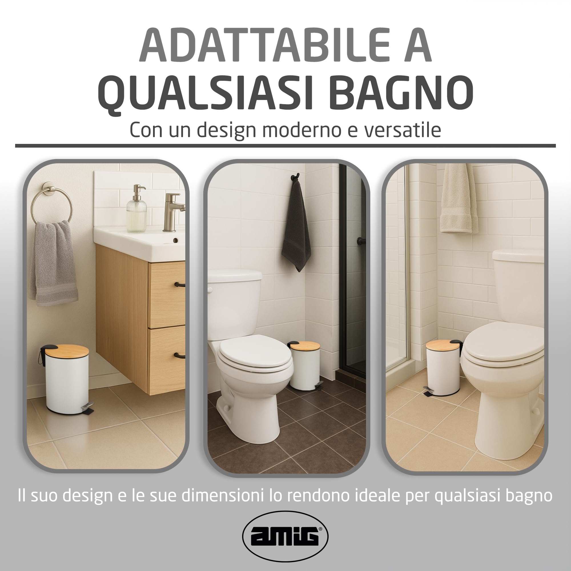 Amig Pattumiera da bagno con pedale 5 litri Naturline bianco bambù acciaio inox laccato 20x26 cm