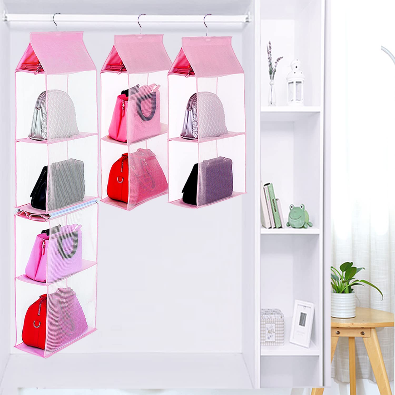 KEEPJOY Organizador de bolso para armario, organizador de bolso colgante con 4 estantes de malla resistente (rosa)