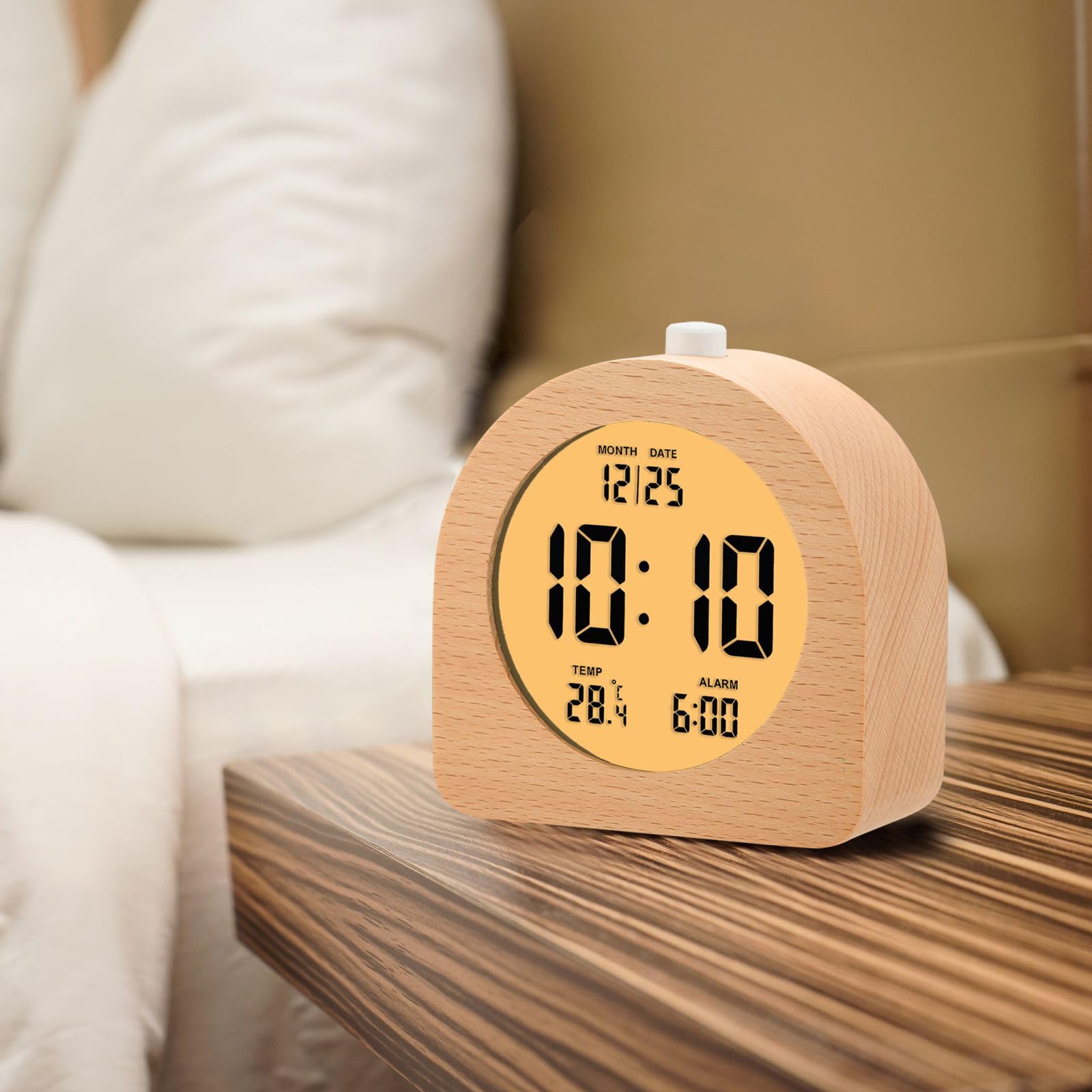 Plumeet Reloj despertador digital de madera para dormitorios, reloj despertador de madera de 4 pulgadas con repetición y luz nocturna, reloj electrónico LCD de escritorio que muestra la hora, fecha,