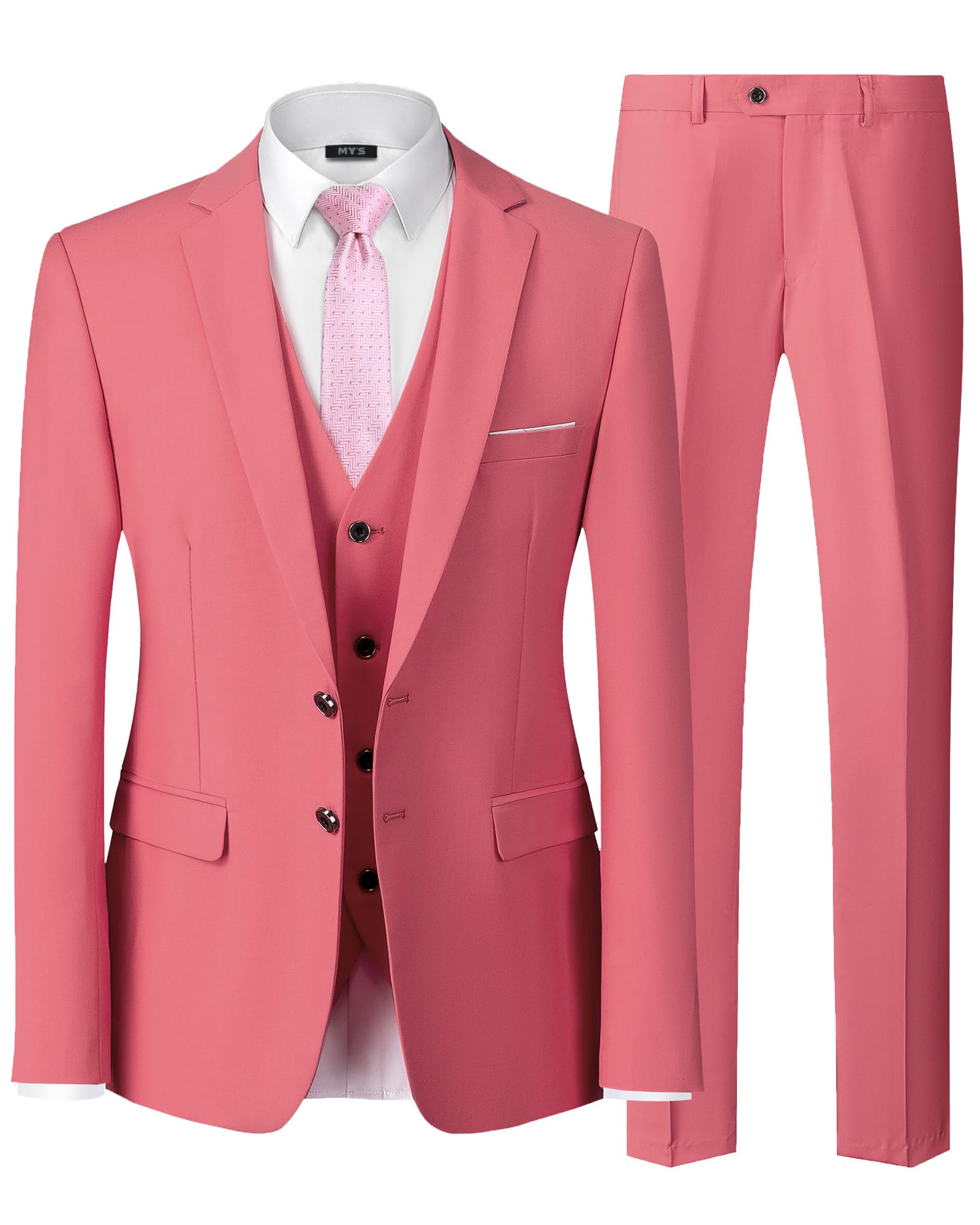 MY'S Men's 3 Piece Slim Fit Suit Set, 2 Button Blazer Jacket Vest Pants with Tie, Solid Wedding Dress Tux and Trousers