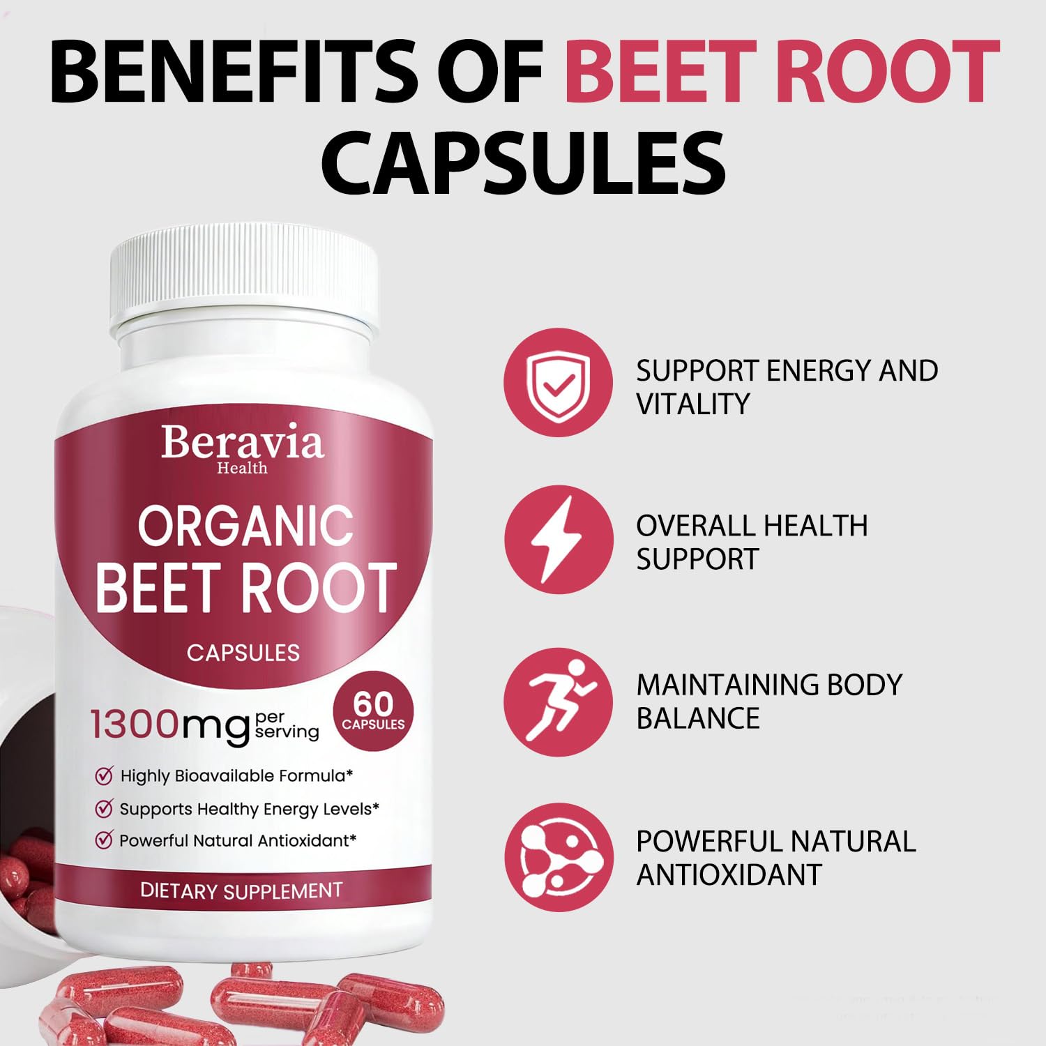 Beravia Health Organic Beet Root Capsules, Beetroot Capsules 1300mg | Support Healthy Circulation & Vitality, Natural, Vegan & Non-GMO, Beet Root Supplement for Women & Men - 60 Capsules (1 Bottle) - 4