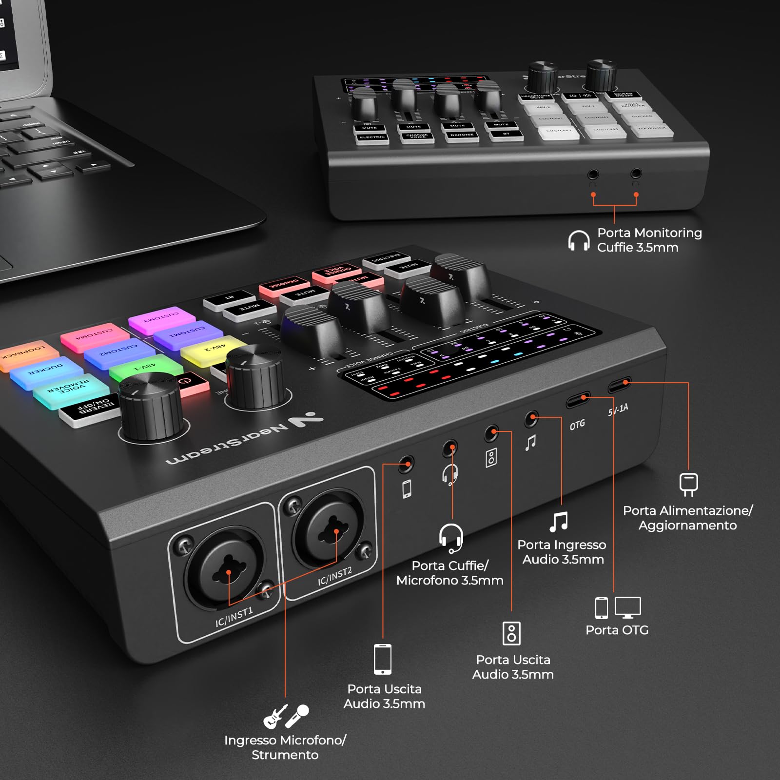 NearStream Mixer gaming con preamp mic, doppio ingresso XLR/6.35mm, 48V, RGB, voice changer, sound pads, loopback – Interfaccia audio per streaming, podcast e musica (AMIX20U)