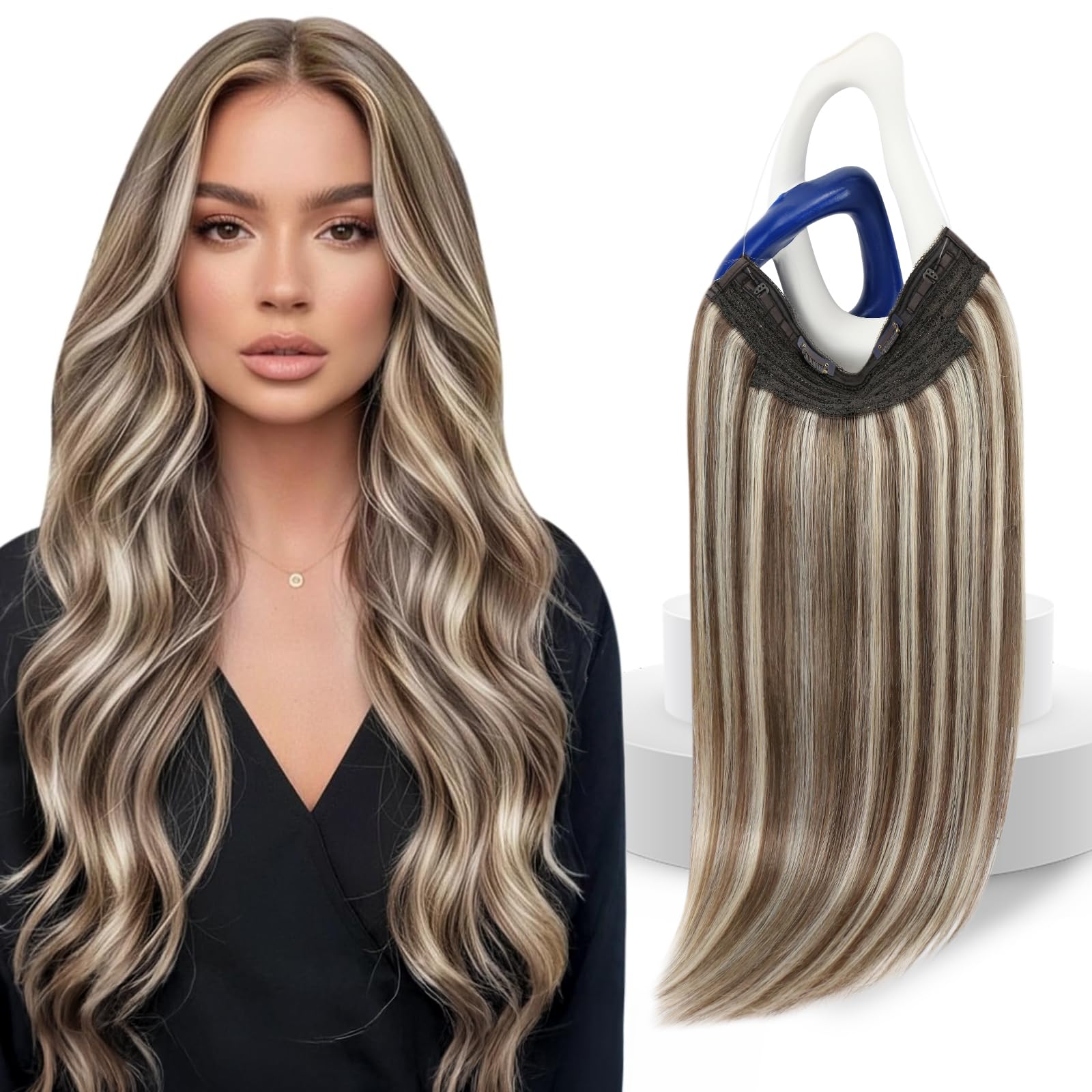 Sunny Hair Wire Hair Extensions for Women 16inch Straight Fish Line Human Hair Extensions Invisible Wire Extensions Easy to Apply Cool Brown Ombre Light Brown Balayage Blonde 85g — view 22