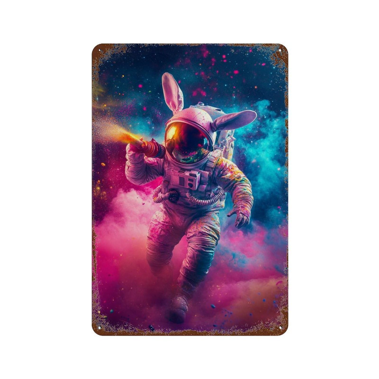 Cosmic Color Blast Astronaut 11.8"x7.9" Vintage Rust Metal Sign, Novelty Wall Decor for Living Room, Hallway And Home Decor