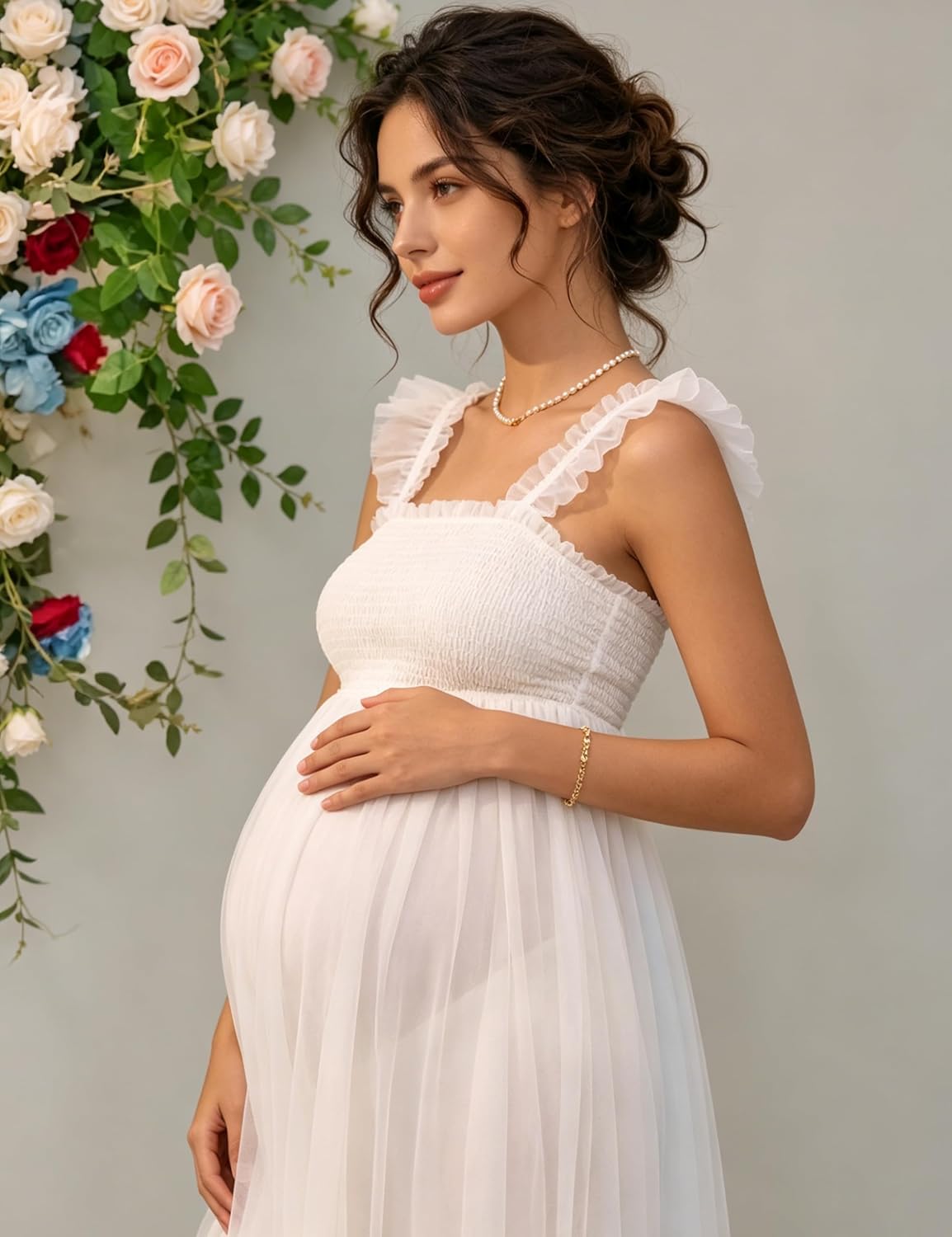 Maternity Midi Dress Ruffle Strap Smocked Tiered Tulle Shower Gown | Airy tulle maternity midi dress, ruffle shoulder straps, smocked bust tiered skirt for baby shower & maternity photos