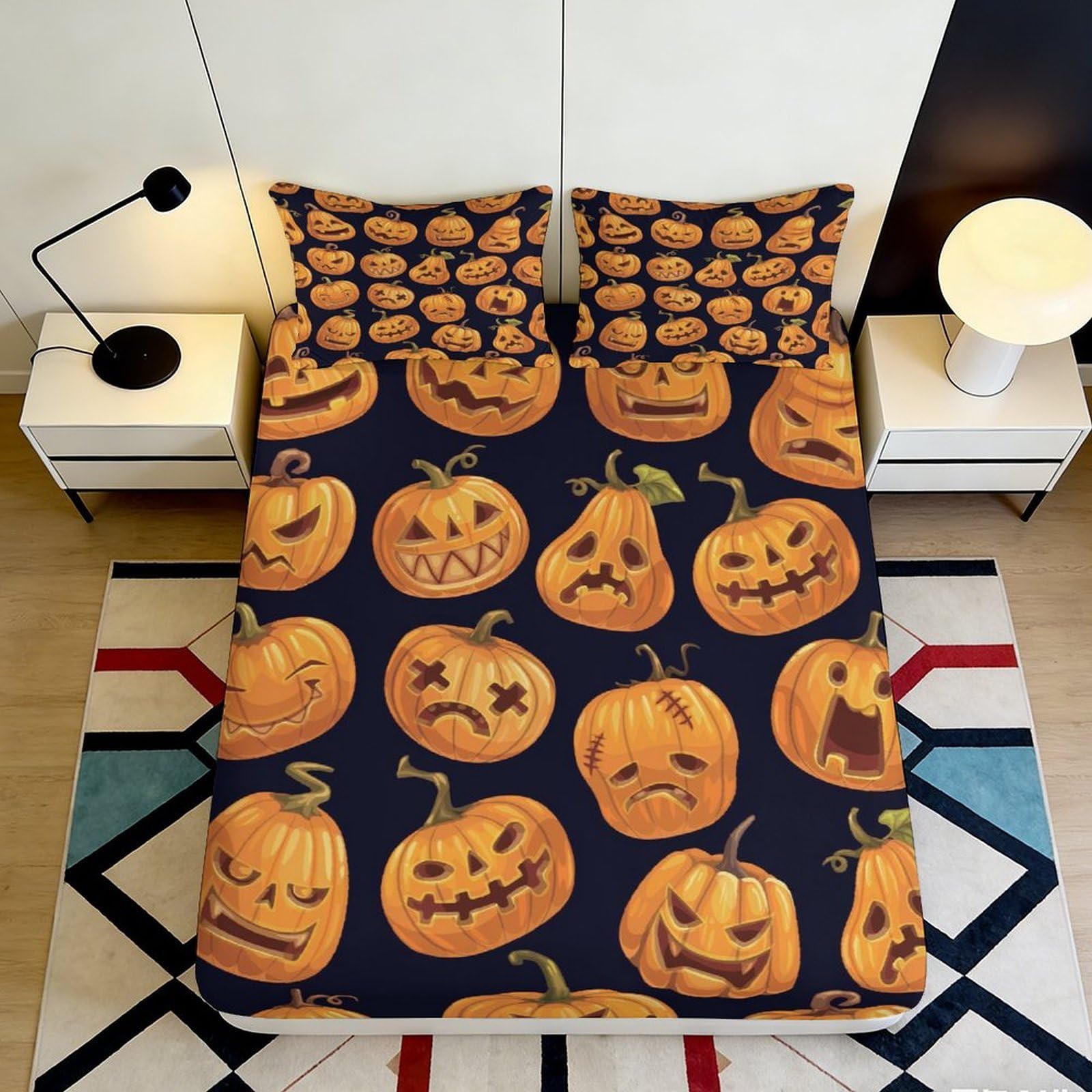 3D Printed Halloween Pumpkin Fitted Sheet Microfiber Deep Pocket Non-Slip Pumpkin Mattress Fitted Cover Bedroom Bedding 200x200x25cm 90x200x25cm