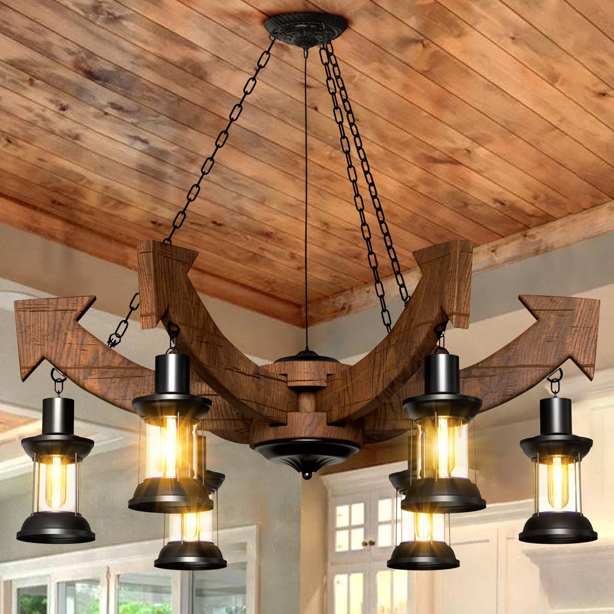 A Million Vintage 6-Lights Country Wood Chandelier, Retro Arrow Style Chandelier Light Fixture, Farmhouse Rustic Wooden Chandelier for Dining Room, Kitchen Island, Living Room, Bar, E26