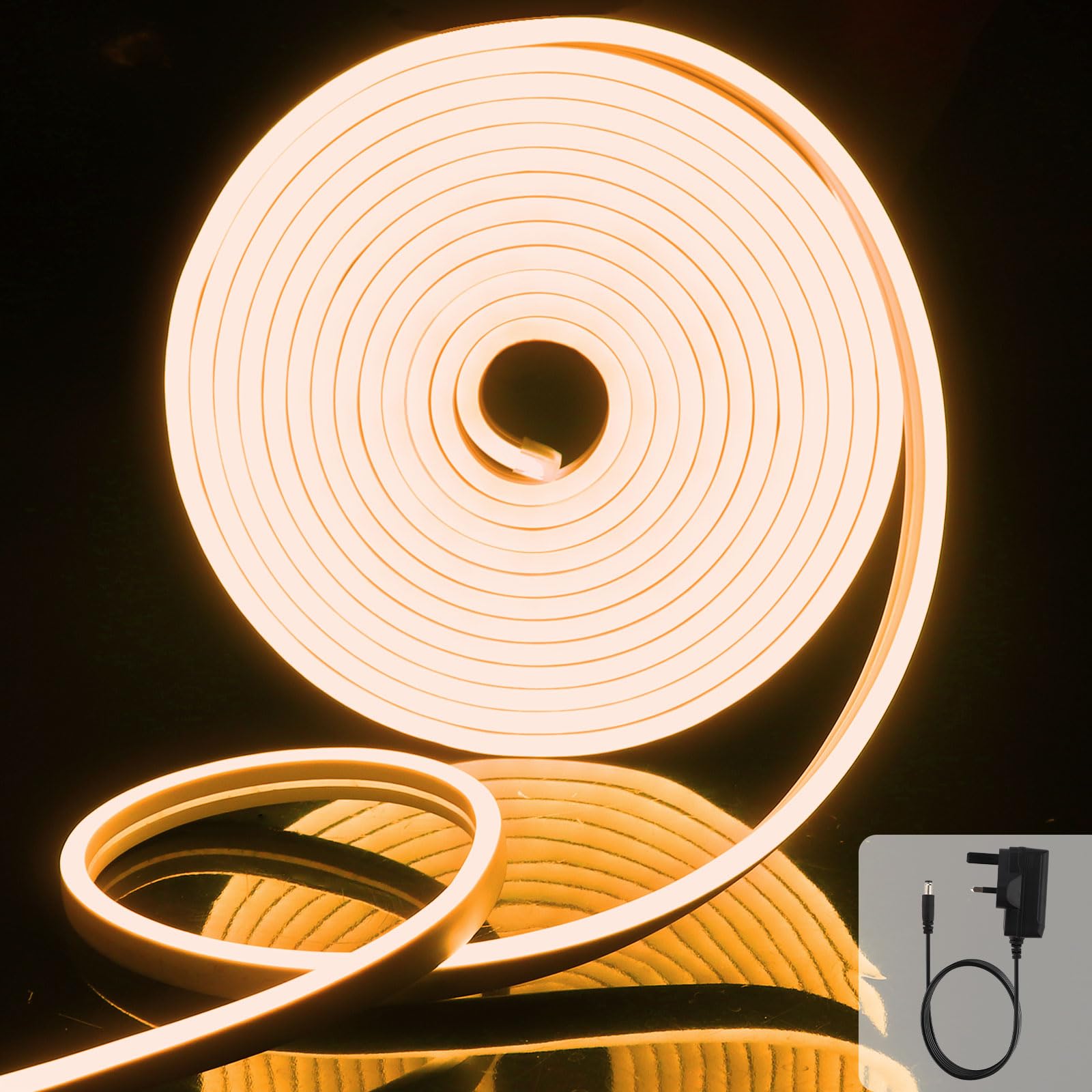 EXTRASTAR Neon Led Strip Light 5M 12V with Power Adapter, IP65 Neon Led Rope Light Cuttable 8.5W/M, Warm Light 3000K