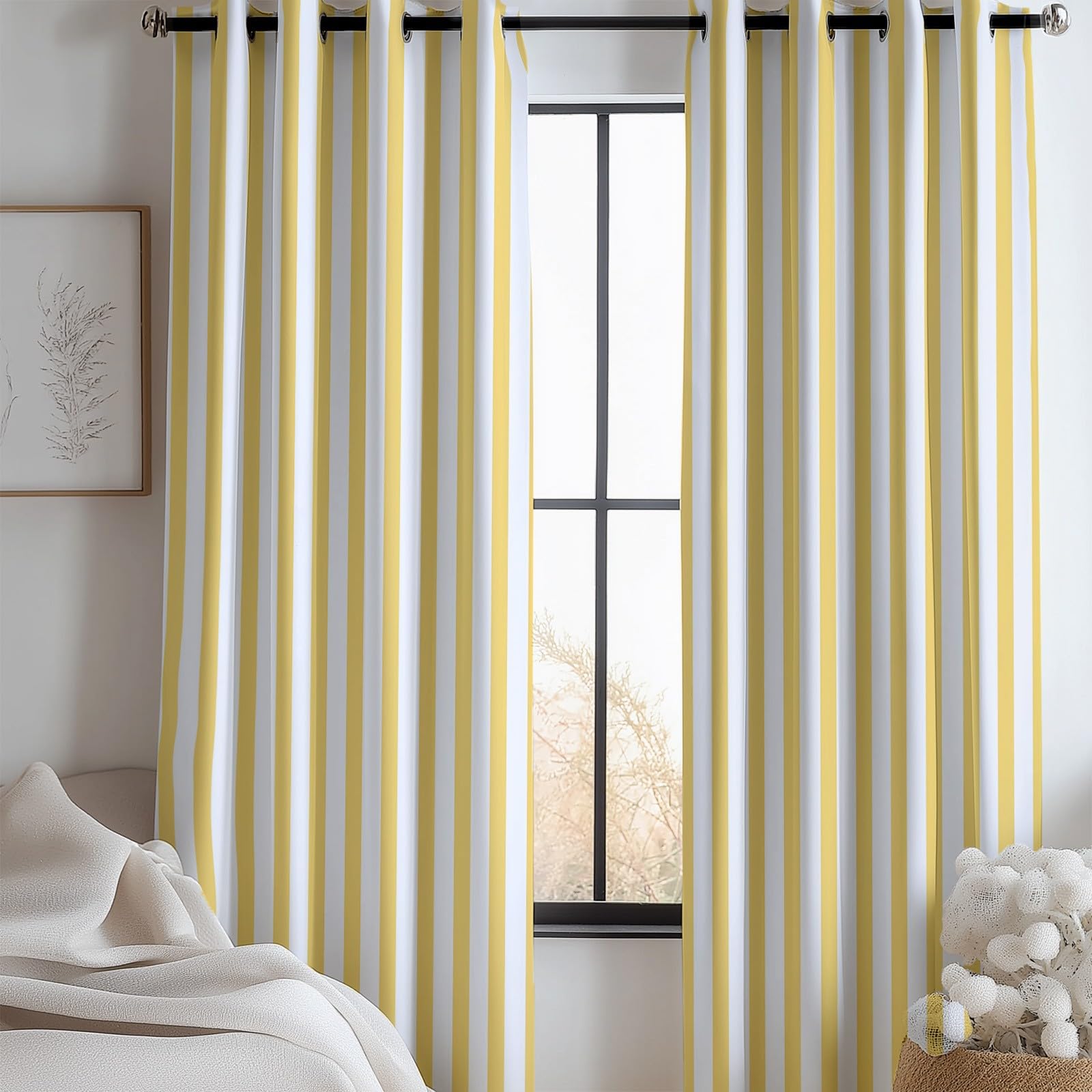Cortinas Termicas Aislantes Frio y Calor Cortinas Opacas Tradicional Rayas Verticales Dormitorio Decorar Curtains con Ojales 140An x 260Al cm Opacas Cortinas para Habitacion Salon Blanco Amarillo