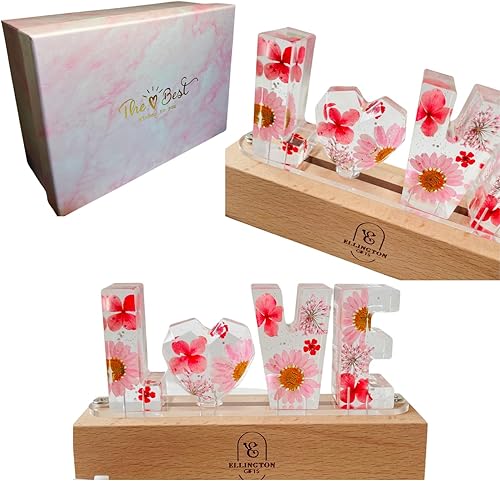 Ellington Gifts Luz nocturna de resina con letras de flores preservadas  Lindas letras de amor a mamá  Flores reales de primera calidad  Rosas rojas