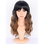 SYMEIW Ombre Brown Wavy Wigs with Bangs for Women - Medium Length Black To Brown Synthetic Wigs for Daily Party Use