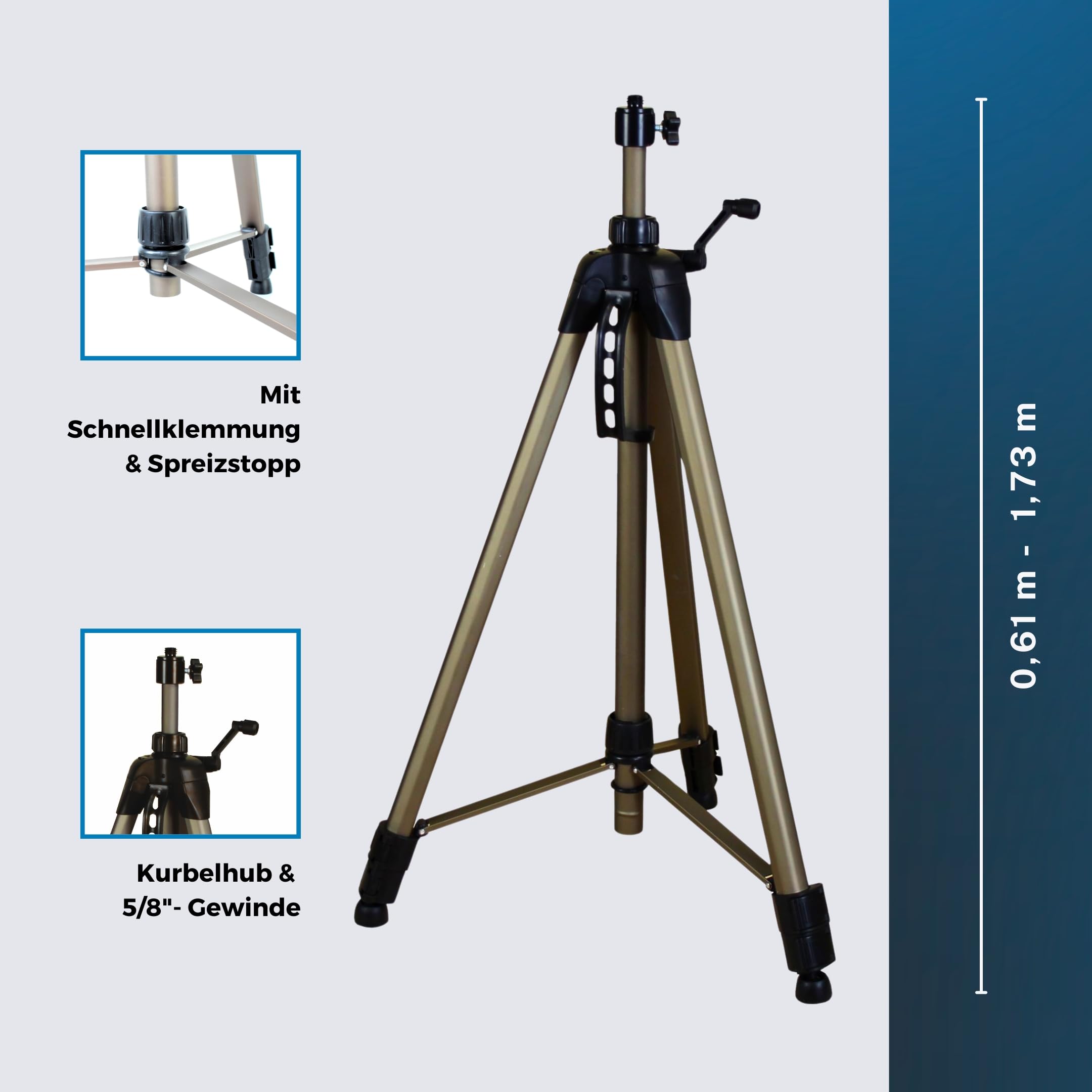 Kurbelstativ 173 cm – Stativ für Laser höhenverstellbar , Laserstativ für Kreuzlinienlaser oder leichte Rotationslaser mit Kurbelhub, Baustativ 5/8 Zoll & 1/4 Zoll Gewinde Adapter