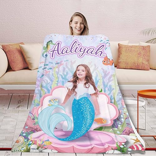 Miniatura 4 de Artsadd Manta de sirena con foto de nombre, regalos personalizados de sirena para niñas, manta de sirena personalizada, regalos para niños y niñas,