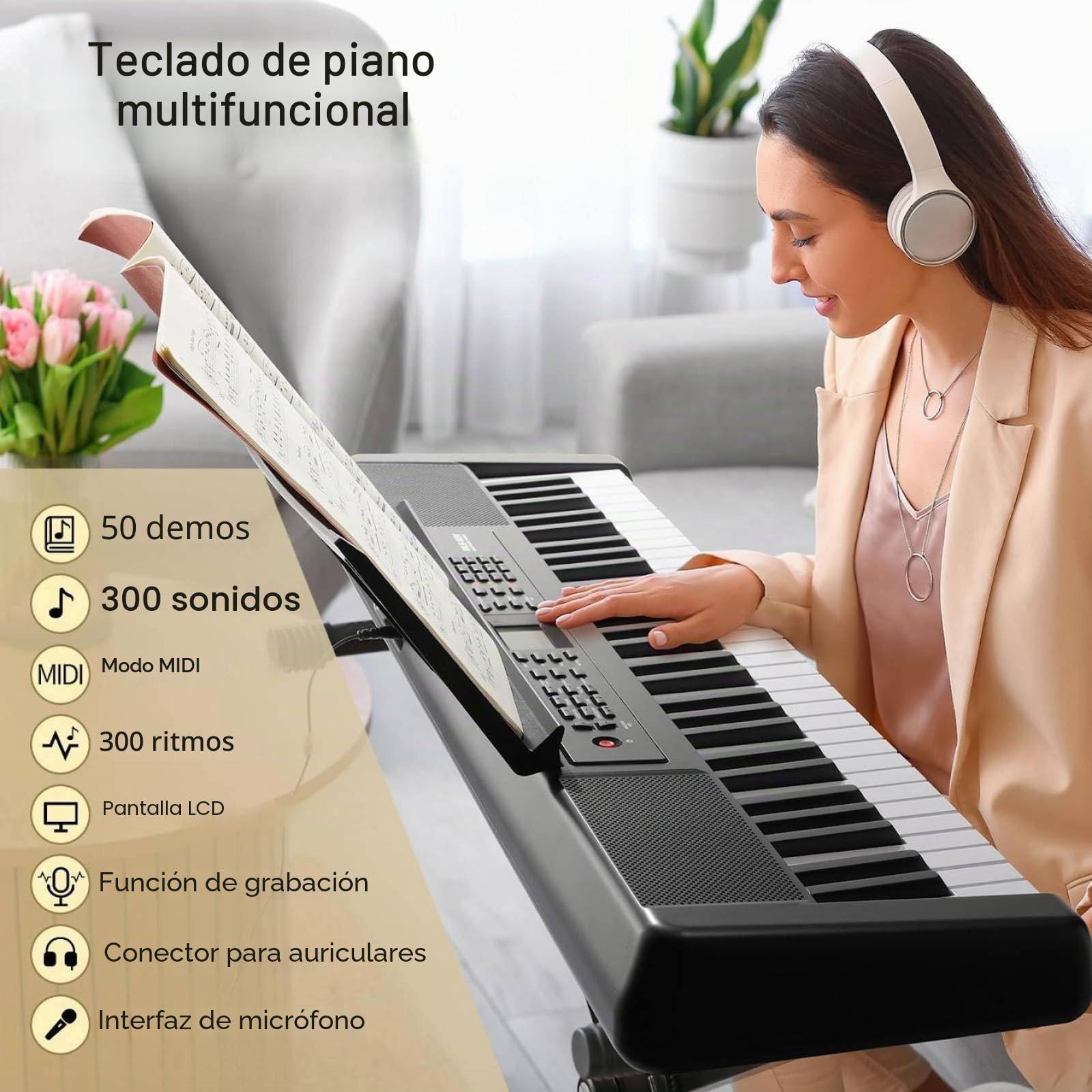Teclado Piano 61PCS Teclas, Piano Electrico para Principiantes, Piano Digital Compacto, Función de Grabación y Programación, con 300 Sonidos,Altavoces,USB MIDI,Pantalla LCD,Conector para Auriculares