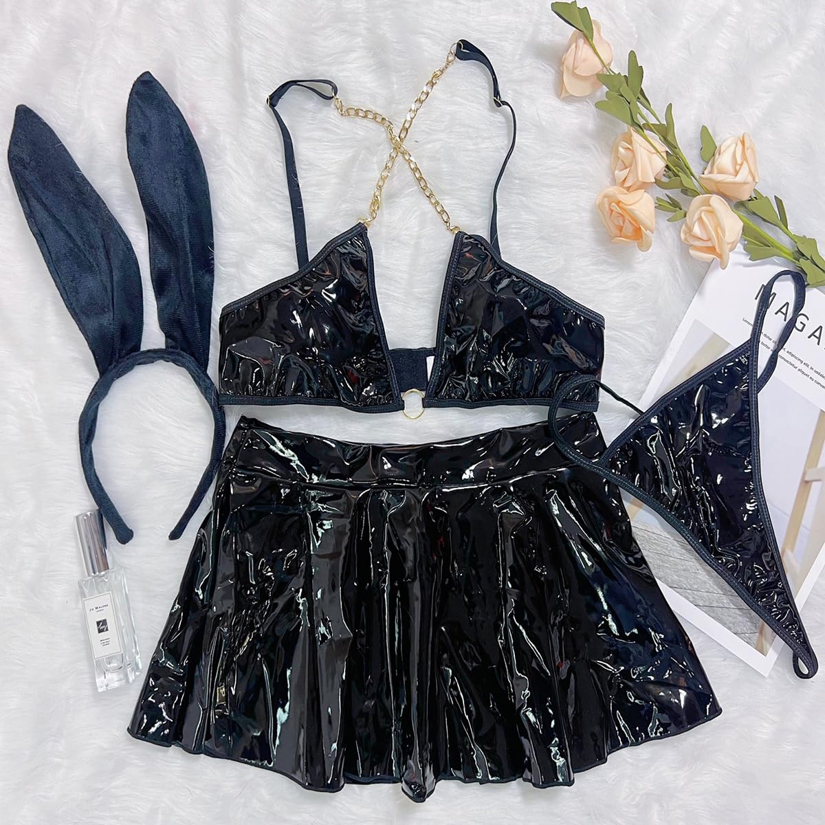 NewBull Women Wetlook Patent Leather Lingerie Set 2 Pieces Women’s Faux Leather Outfit with Metal Chain Club Latex Cosplay Costume with Mini Skirt Halloween Costume for Bunny (Black) - Image 3