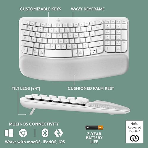 Miniatura 6 de Logitech Wave Keys - Teclado ergonómico inalámbrico con reposamanos acolchado para múltiples sistemas operativos + mouse Lift ergonómico vertical,