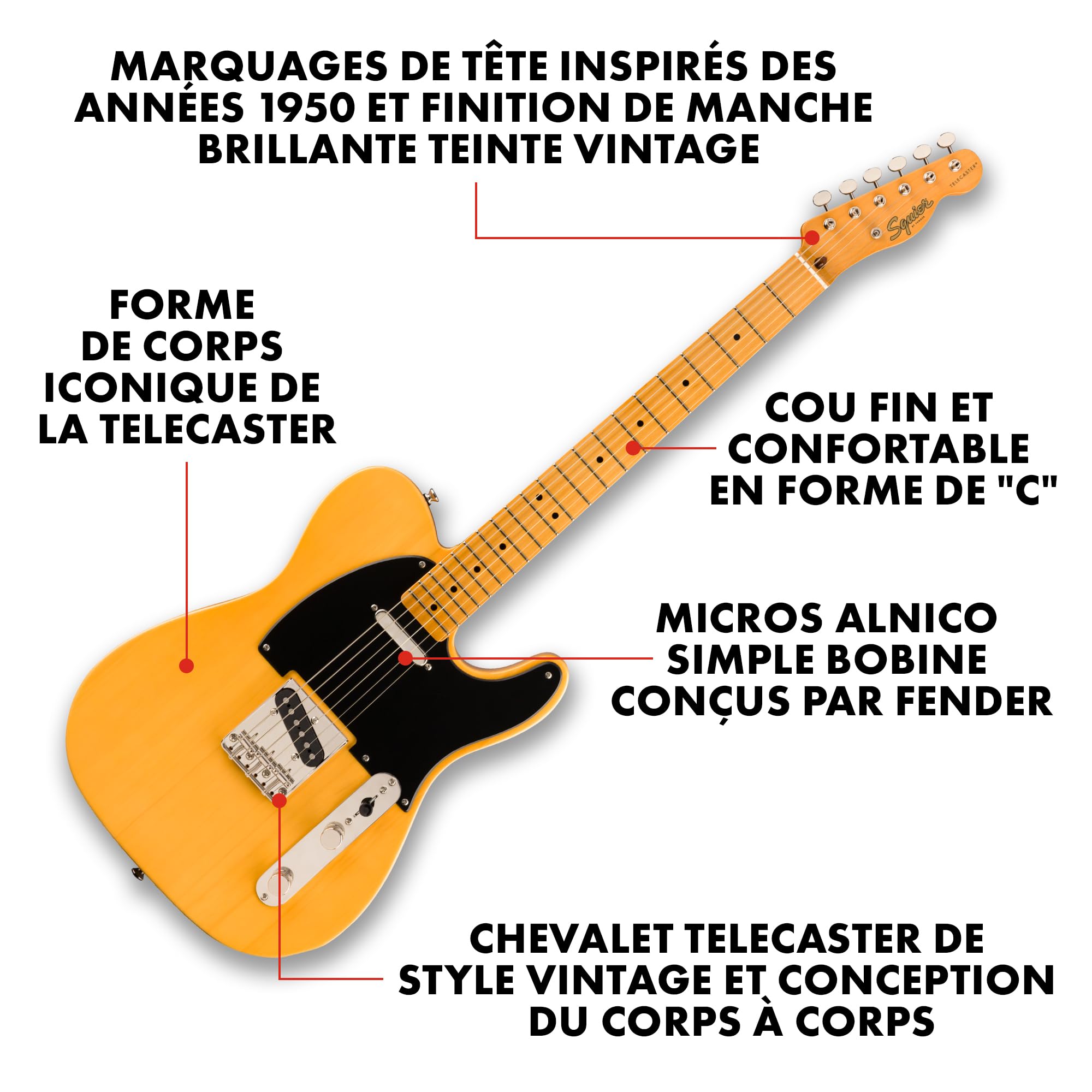 Squier by Fender Classic Vibe 50s Telecaster, Guitare Électrique avec conception d'inspiration vintage, Touche en Erable, Blond Butterscotch, Parfaite pour les Guitaristes Débutants et Intermédiaires