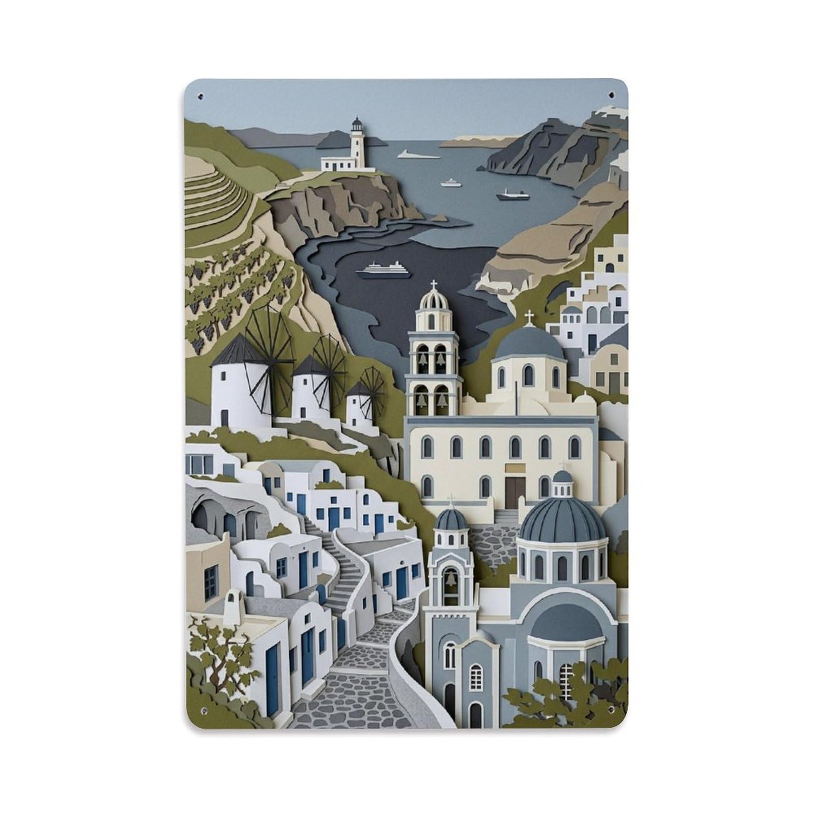 Greek Island Santorini Caldera Azure Aegean Travel Metal Tin Sign Plaque Wall Decor for Cafe, Man Cave, Club Bar, Office, Home Garden Round Metal Poster 8x12Inch