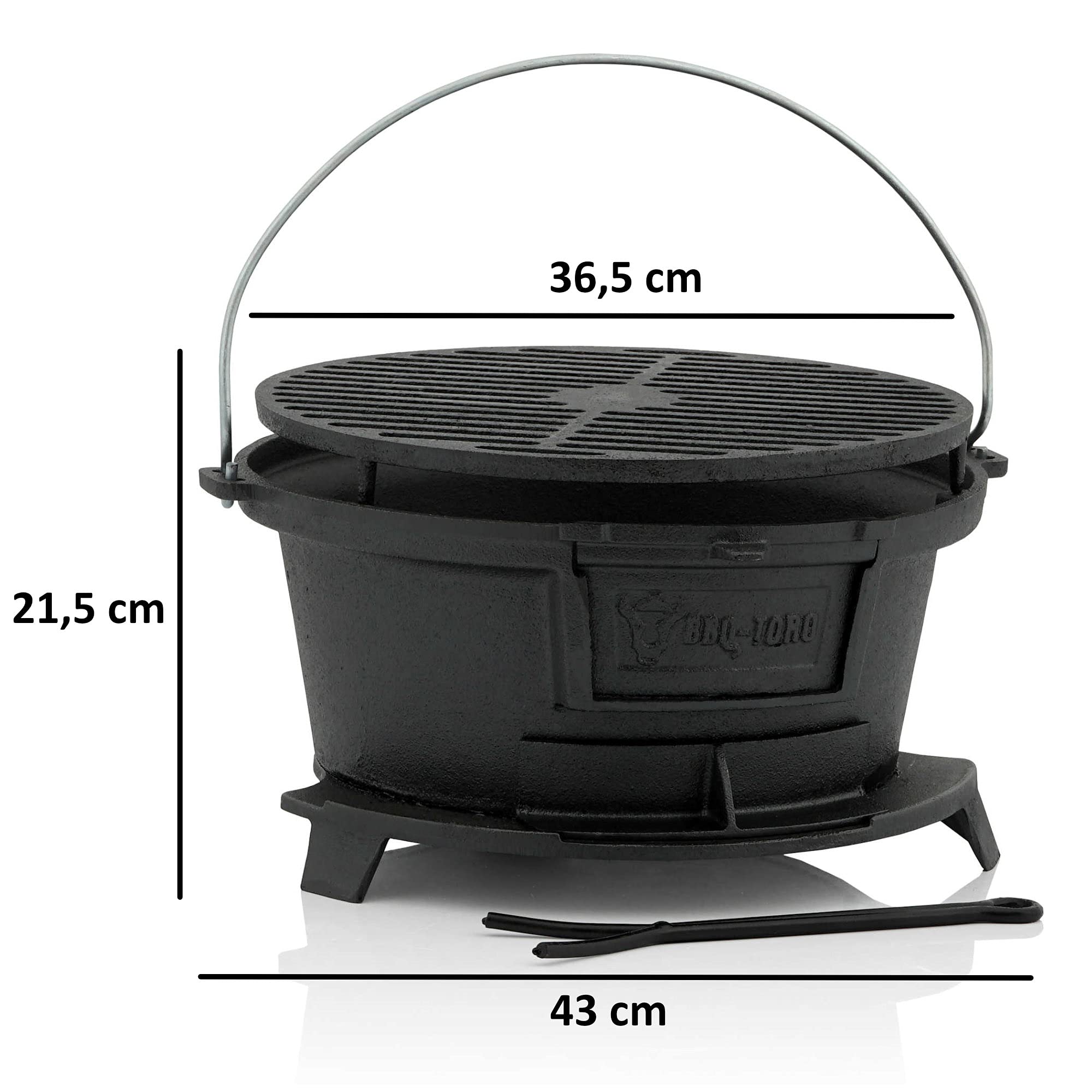 BBQ-Toro Gusseisen Grilltopf mit Grillrost | (B) 43 x (T) 42 x (H) 21,5 cm | Hibachi Style Grill mit Grillrostheber | Holzkohle Campinggrill, Gusseisen Feuertopf, BBQ Grill, Dutch Oven Station