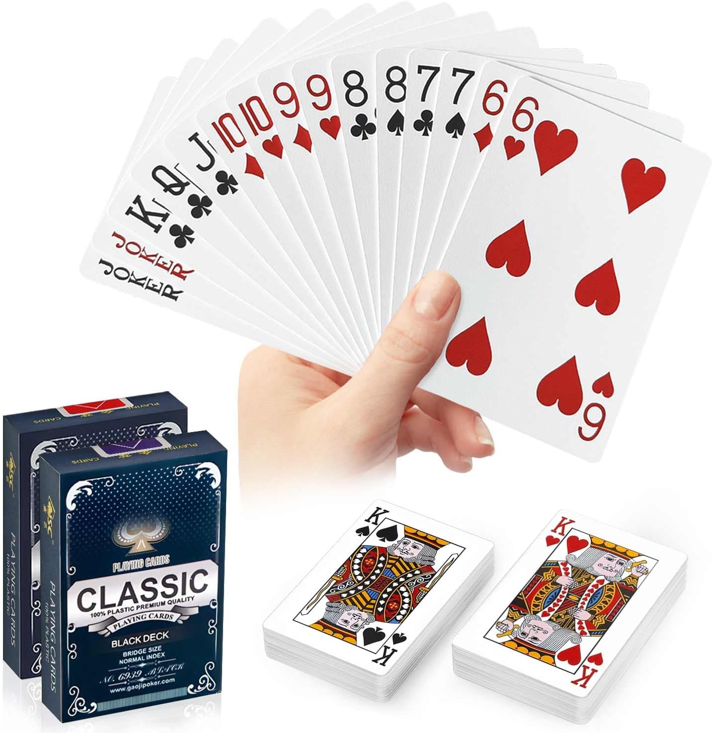 Waterproof Plastic Playing Cards 2 Pack, Red and Black Poker Cards, Washable & Durable Poker Cards for Tarot, UNO, Blackjack, Canasta Card Games, Perfect for Pool Games, Beach, Camping Games