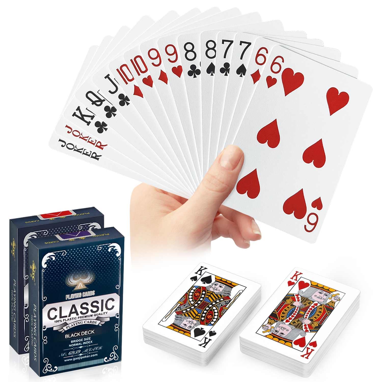 Waterproof Plastic Playing Cards 2 Pack, Red and Black Poker Cards, Washable & Durable Poker Cards for Tarot, UNO, Blackjack, Canasta Card Games, Perfect for Pool Games, Beach, Camping Games