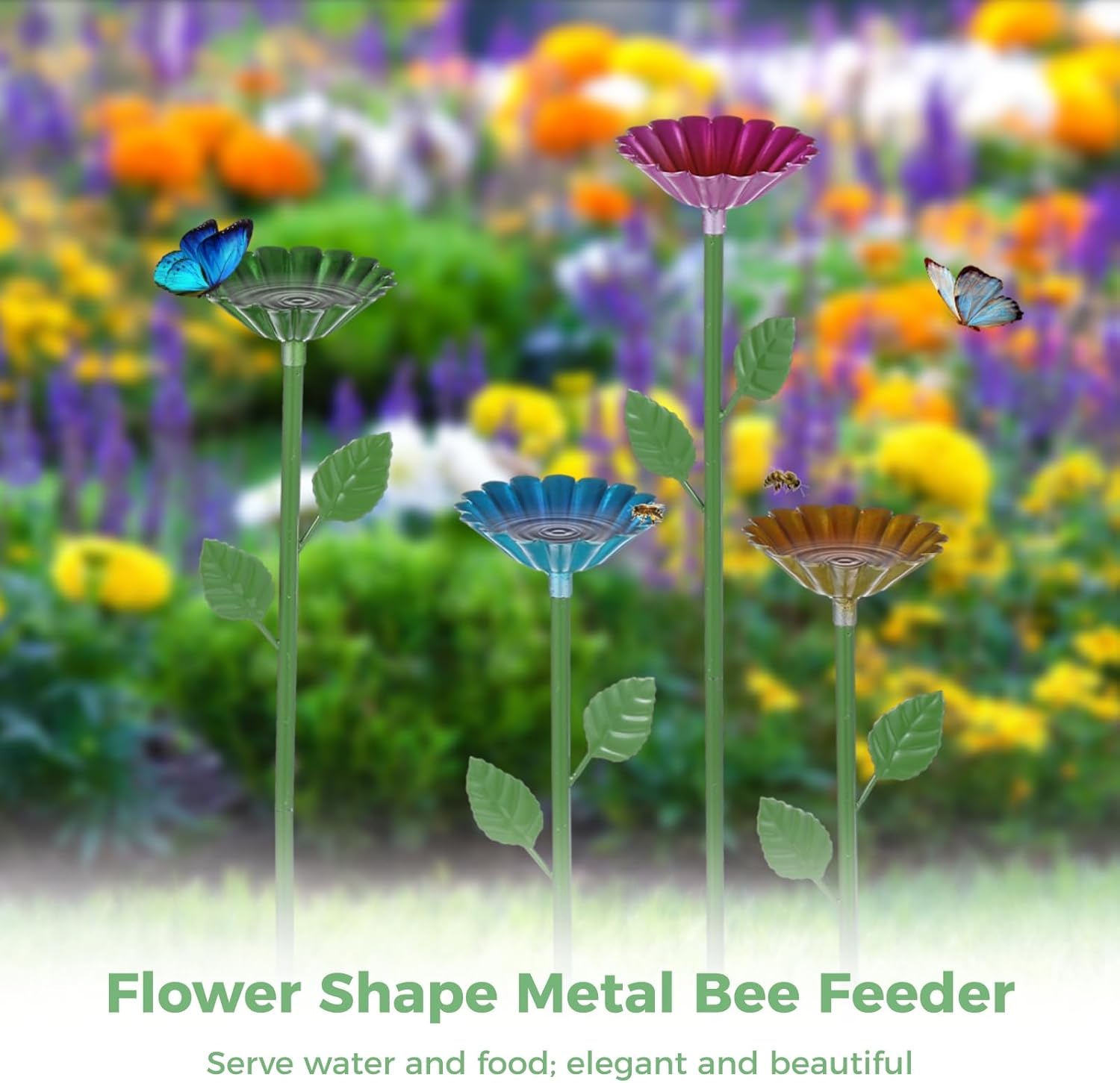 Metal Flower-Shaped Bee Watering Stations (4-Piece Set), Outdoor Butterfly Bath, Decorative Bird Feeder for Garden
