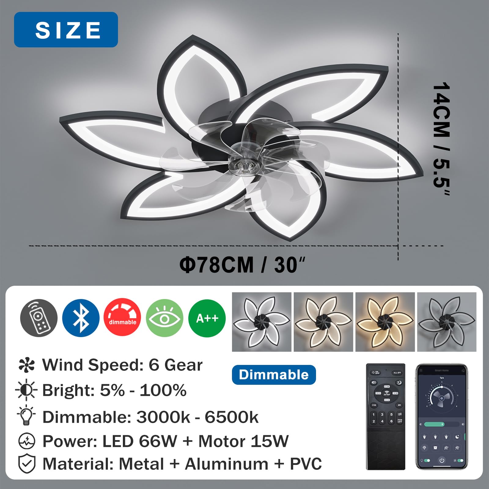 Modern Stumm Deckenventilator mit Beleuchtung, LED Dimmbar Ventilator Deckenleuchte mit Fernbedienung Licht für Wohnbereich Schlafzimmer, 6 Geschwindigkeiten Einstellbar, Schwarz 78CM