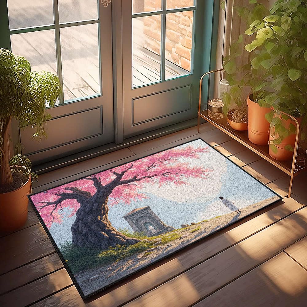 Tapis de porte intérieur style japonais fleurs de cerisier et lac 65x90 cm