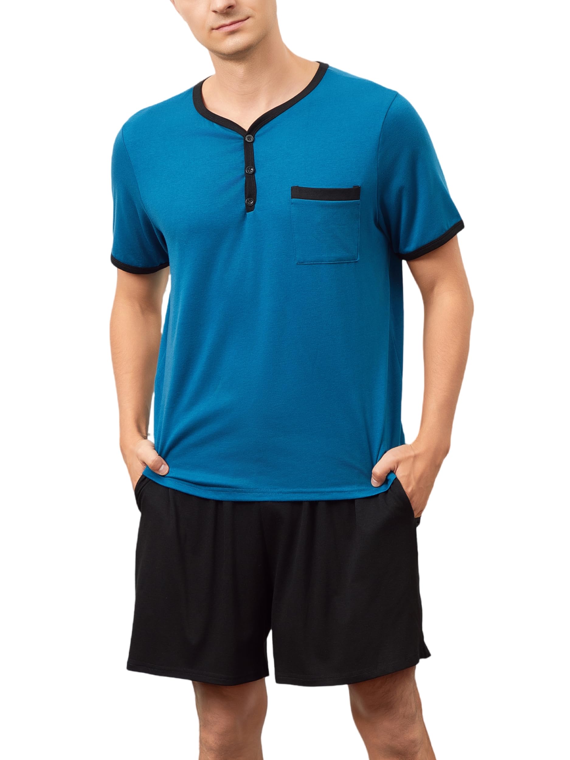 Yukiuiny Herren Schlafanzug Kurz Baumwolle Pyjamaset Weich Leicht Nightwear Set für Sommer V Ausschnitt Oberteil+Shorts